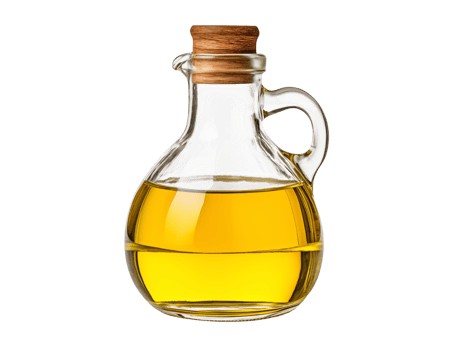 Clear glass carafe filled with yellow liquid and a cork stopper on a solid transparent background view png
