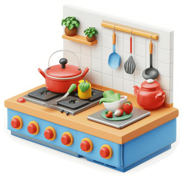 Colorful cartoon kitchen stovetop scene with cookware and fresh ingredients. png