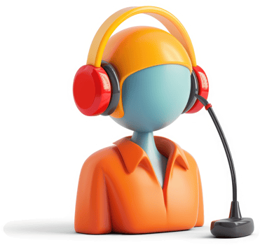 Colorful 3d cartoon character wearing safety headphones and a microphone. png