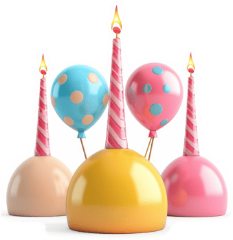 Festive birthday decorations with balloons and candles. png