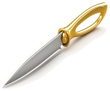 Gold-handled knife positioned over a turquoise surface. png