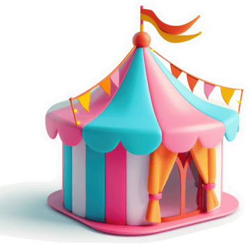 Playful circus tent design, vibrant and colorful. png