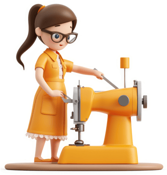 Cartoon female tailor operating a sewing machine. png