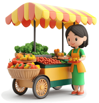 Smiling vendor displays colorful produce at a market cart. png