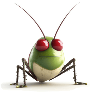 A cartoonish grasshopper with bright eyes. png