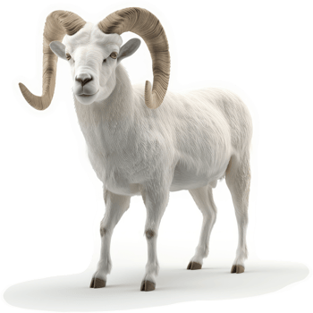 A majestic, white ram with large horns stands proudly. png