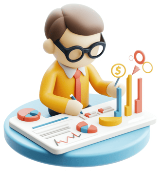 Cartoon businessperson analyzes financial data. png