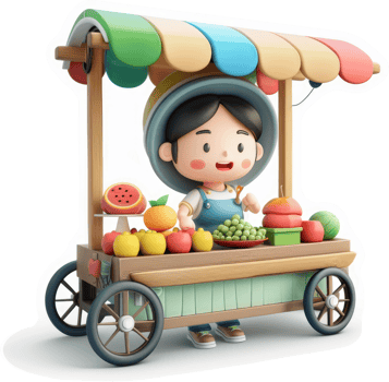 Smiling child operates a colorful fruit cart. png