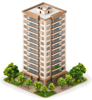 Urban high-rise apartment complex with landscaped grounds. png