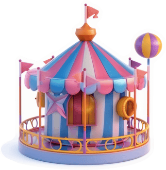 Colorful whimsical circus tent with decorative details. png