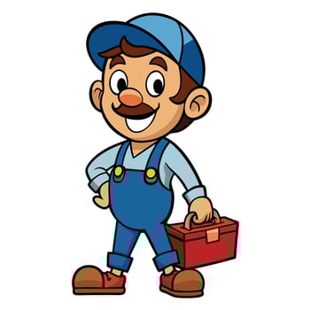 Cartoon plumber character holding toolbox ready for repair jobs and services vector