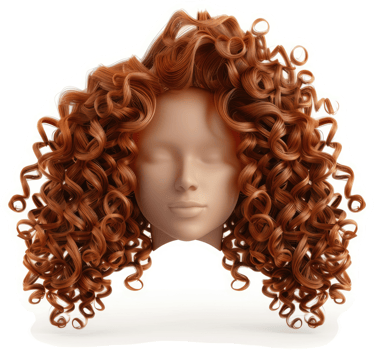 Curly auburn wig on a mannequin head. png