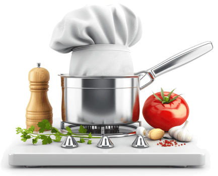 Culinary scene with chef's hat, pot, and vegetables. png