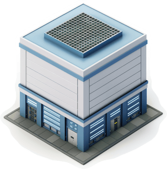 Isometric rendering of a modern industrial warehouse. png
