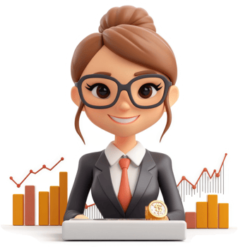Smiling businesswoman with graphs, representing financial success. png