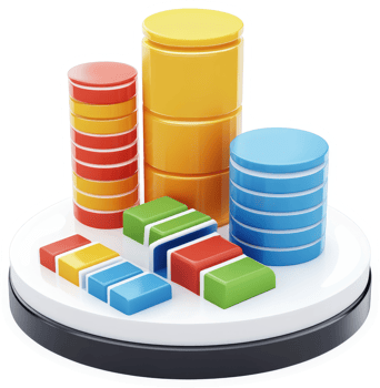 Colorful stacked cylinders and cubes representing data analysis. png