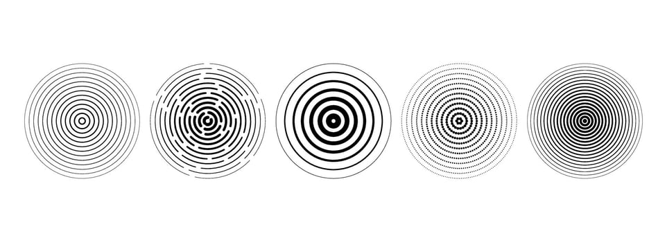 Black concentric circle collection. Dotted and dashed round sound wave set. Epicenter, target, radar, sonar icon concept. Radial radio signal or vibration elements. Linear halftone symbols vector