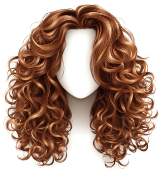 Curly copper-toned hairpiece on a mannequin head. png