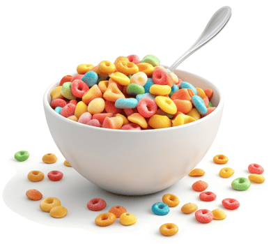 Colorful cereal in a white bowl with a spoon. png