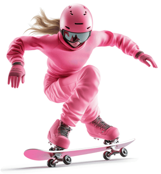 Pink-clad female skateboarder performing a dynamic aerial trick. png