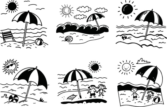 Summer beach scene doodle collection black and white illustration vector