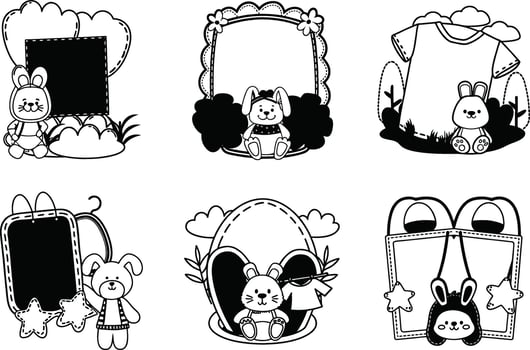 Cute baby themed black and white illustrations with rabbits and frames vector