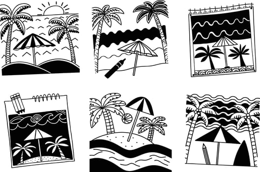Black and white sketches depicting tropical beach scenes with palm trees and umbrellas vector