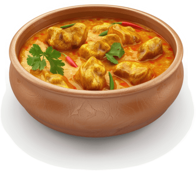 Hearty, flavorful chicken curry in a rustic clay pot. png