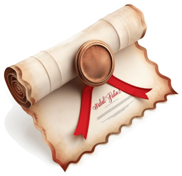 Rolled-up antique parchment certificate with seal and ribbon. png