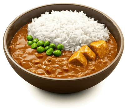 Hearty chicken curry served over a bed of fluffy rice. png