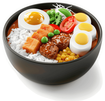 Colorful, hearty, rice bowl with savory vegetables and protein. png