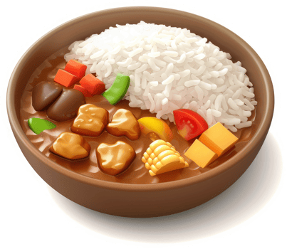 Hearty curry and rice dish in a brown bowl. png