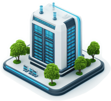 Futuristic server facility with green landscaping. png