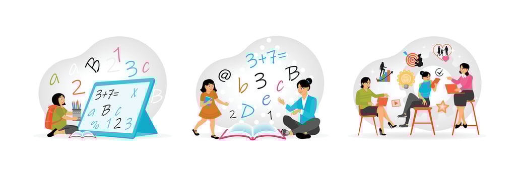 Little Girl Doing Her Homework. Teaching a Girl in an Informal Setting. Women Group Watching . vector