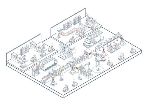 Smart warehouses in Industry 40 leverage AI and AGVs for automated production, transportation, and logistics. vector