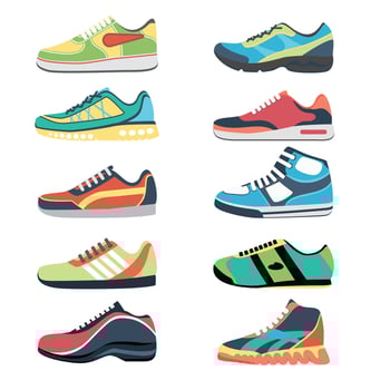 A new Sneakers shoes. Fitness footwear for sport, running and training. Colorful modern shoe designs. Sneaker side view cartoon icons vector