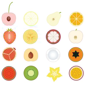 A best Large collection of tropical, exotic, citrus fruits. Icon set of cutaway fruits. Pairs of fruit, whole and cut in half. vector