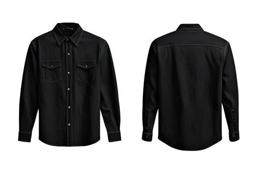 Blank mock-up of a black denim shirt, front and back view on transparent background. png