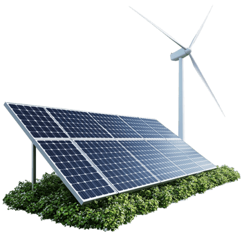Alternative energy sources wind turbine solar panel setup isolated on transparent background png