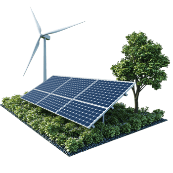 Renewable energy with solar panels and wind turbine system isolated on transparent background png