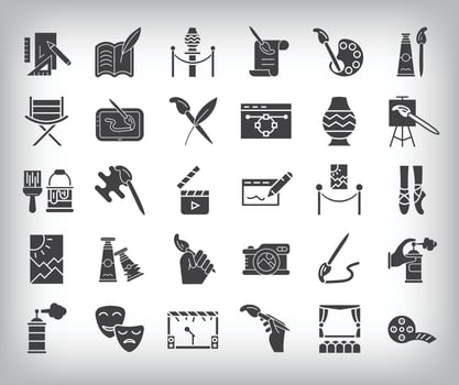 30 flat fill art show simple icon set. Start, tablet, stage, theater and artistic design. vector