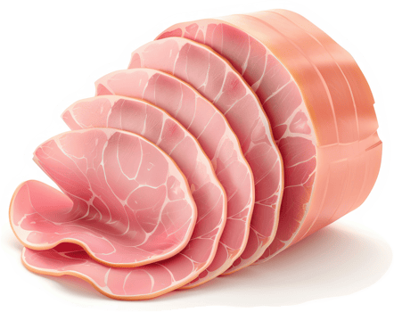 Sliced cured ham presentation, showcasing slices in a spiral arrangement. png