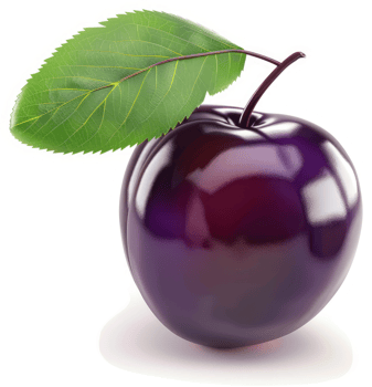 Fresh, glossy plum with vibrant green leaf. png