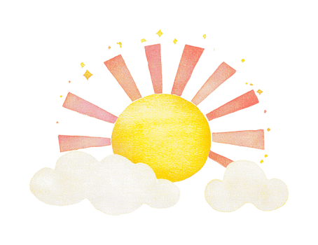 Artistic sun with clouds and radiating sunbeams in simple design png
