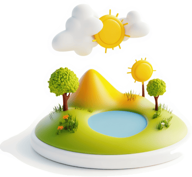 Cartoonish, colorful, whimsical island landscape. png