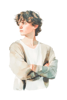 Young caucasian male with wavy hair and thoughtful expression in casual outfit png