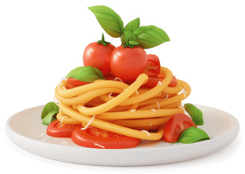 Freshly prepared spaghetti dish with tomatoes and basil. png