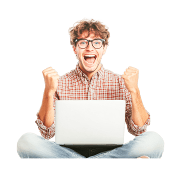 Excited young caucasian male enjoys success with laptop png
