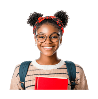 Smiling african female teen holding red book wearing glasses and backpack png