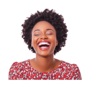Joyful african female adult laughing with eyes closed in red patterned shirt png